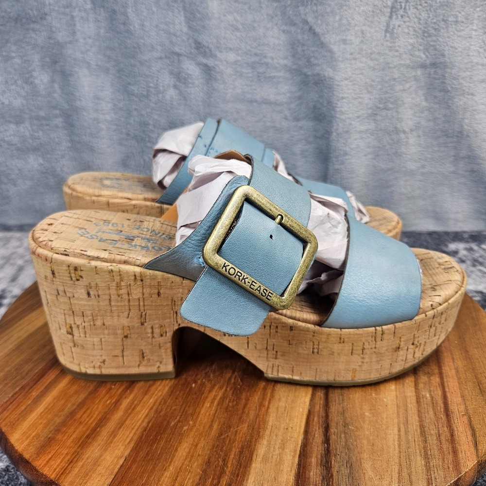 Kork-Ease Taige Blue Leather Cork Platform Wedge Sandal Slide Women Size 8 M